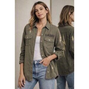 Rails Loren Olive Lightning Bolt Utility Shirt Jacket Linen Tencel Small